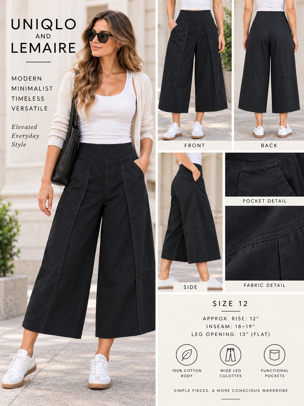 UNIQLO x LEMAIRE Black Wide Leg Culottes Pants 12